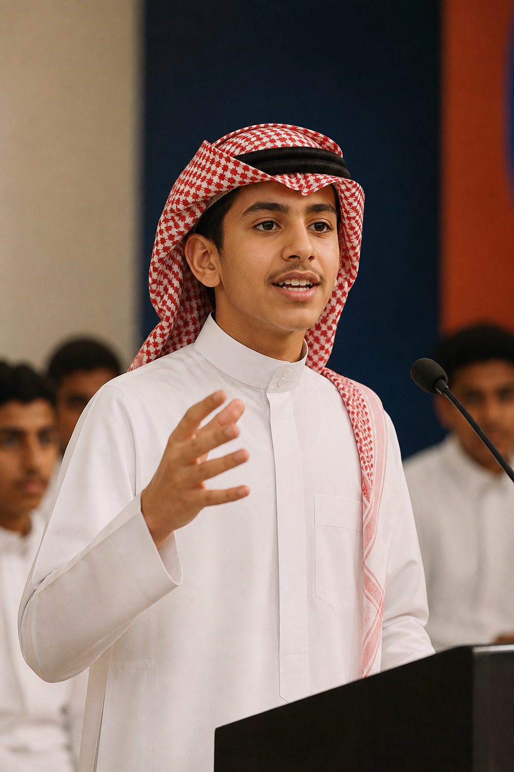 A Saudi student speaking confidently in traditional attire