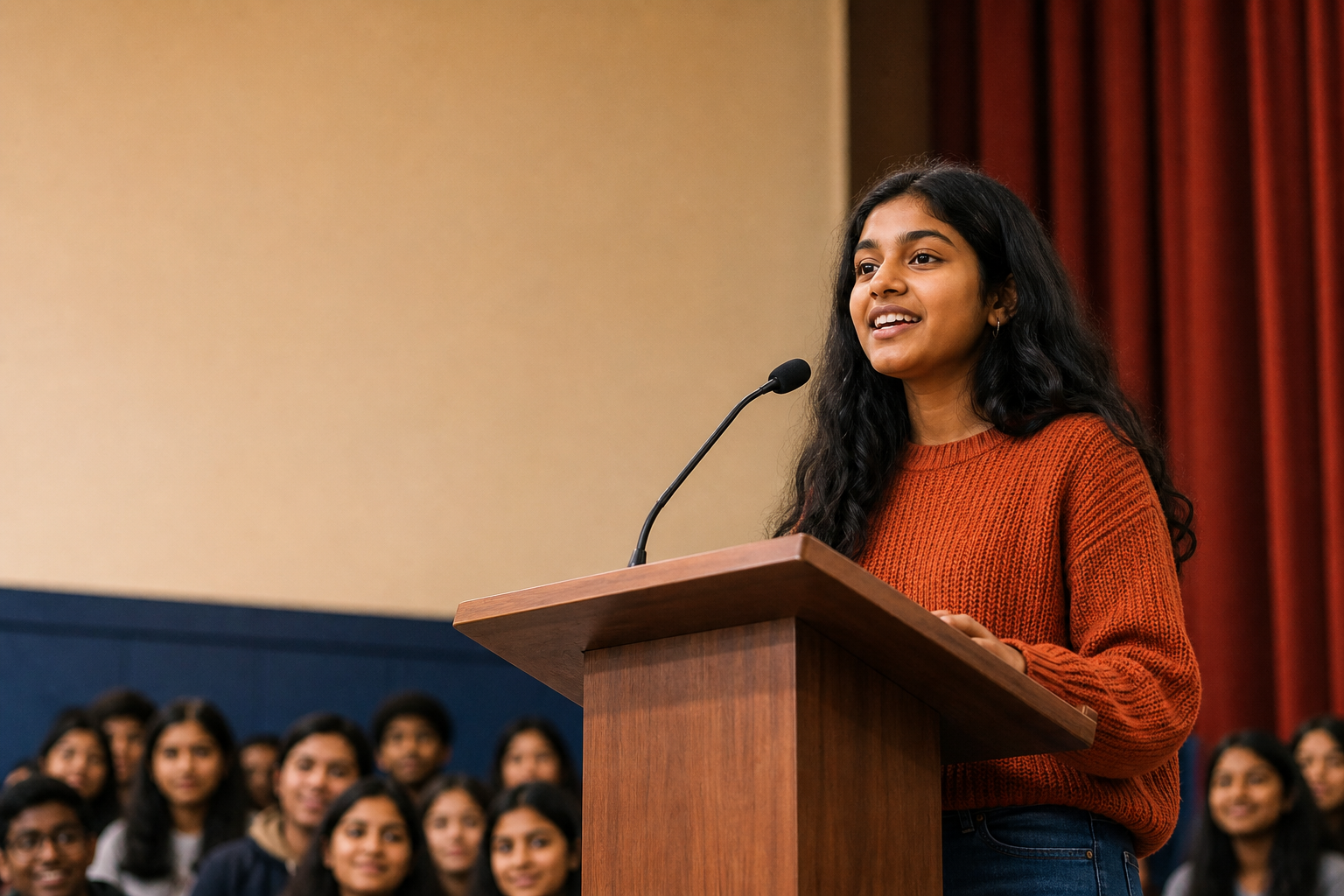 A young speaker confidently addressing an audience from a podium